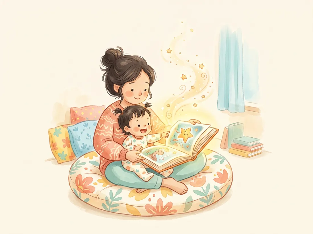 แม่และลูกน้อยกำลังอ่านนิทานเล่มโปรดที่เปล่งประกายเวทมนตร์